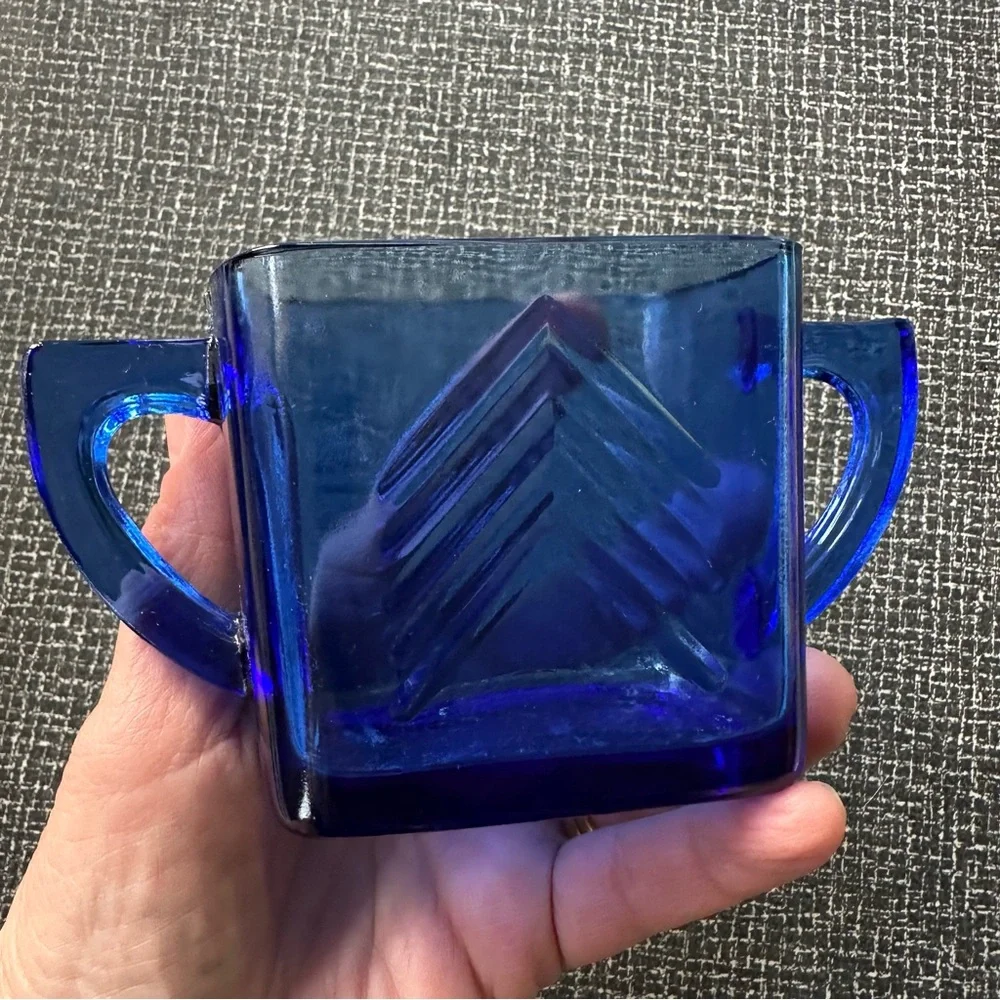 Vintage Hazel Atlas Chevron Cobalt Blue Creamer and Sugar Set